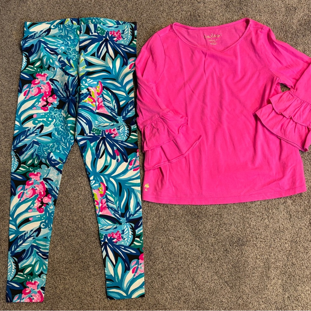 Lilly Pulitzer Pink Top and Tropical Print Leggings Set